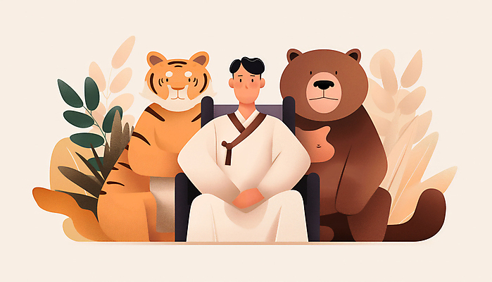 JPG 나무 남자 잎 의자 일러스트 곰 한국 한명 앉기 성인 갈색 호랑이 개천절 단군 단군신화 성인남자한명만 국내일러스트 AI일러스트 AI콘텐츠 식물 동물 1 아시아 컬러 가구 포유류 모션 사람 공휴일 국경일 신화 남자한명만 성인남자만 파일형식