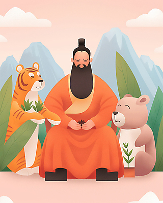 JPG 남자 잎 일러스트 곰 산 한국 한명 앉기 성인 주황색 호랑이 개천절 단군 단군신화 성인남자한명만 국내일러스트 AI일러스트 AI콘텐츠 식물 동물 1 아시아 컬러 포유류 모션 사람 공휴일 국경일 신화 남자한명만 성인남자만 파일형식