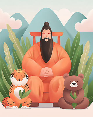 JPG 남자 잎 일러스트 곰 산 한국 한명 앉기 성인 주황색 호랑이 개천절 단군 단군신화 성인남자한명만 국내일러스트 AI일러스트 AI콘텐츠 식물 동물 1 아시아 컬러 포유류 모션 사람 공휴일 국경일 신화 남자한명만 성인남자만 파일형식