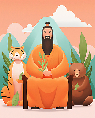 JPG 남자 잎 일러스트 곰 산 한국 한명 앉기 성인 주황색 호랑이 개천절 단군 단군신화 성인남자한명만 국내일러스트 AI일러스트 AI콘텐츠 식물 동물 1 아시아 컬러 포유류 모션 사람 공휴일 국경일 신화 남자한명만 성인남자만 파일형식