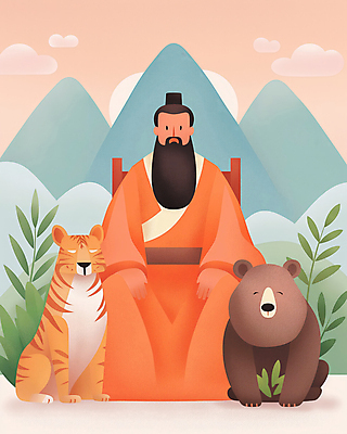 JPG 남자 잎 일러스트 곰 산 한국 한명 앉기 성인 주황색 호랑이 개천절 단군 단군신화 성인남자한명만 국내일러스트 AI일러스트 AI콘텐츠 식물 동물 1 아시아 컬러 포유류 모션 사람 공휴일 국경일 신화 남자한명만 성인남자만 파일형식