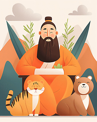 JPG 남자 잎 일러스트 곰 한국 한명 웃음 앉기 성인 주황색 호랑이 개천절 단군 단군신화 성인남자한명만 국내일러스트 AI일러스트 AI콘텐츠 식물 동물 1 아시아 컬러 포유류 모션 표정 사람 공휴일 국경일 신화 남자한명만 성인남자만 파일형식