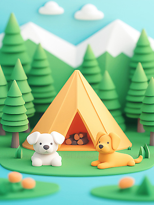 JPG 나무 편집이미지 반려견 자연 산 텐트 웃음 사람없음 야외 초록색 노란색 3D 캠핑 강아지 숲 장작 편집3D AI컴퓨터그래픽 AI콘텐츠 식물 컬러 레저 표정 캠핑도구 반려동물 개 디지털합성 생태계 파일형식