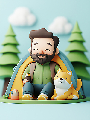 JPG 나무 편집이미지 모자 남자 반려견 하늘색 배낭 자연 휴식 산 수염 텐트 한명 웃음 앉기 성인 야외 노란색 3D 캠핑 강아지 숲 성인남자한명만 편집3D AI컴퓨터그래픽 AI콘텐츠 식물 1 잡화 컬러 컨셉 가방 모션 레저 표정 캠핑도구 사람 파란색 반려동물 개 디지털합성 생태계 남자한명만 성인남자만 파일형식