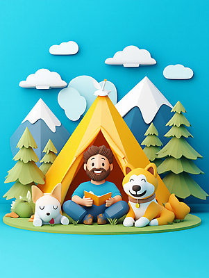 JPG 나무 편집이미지 남자 반려견 자연 휴식 산 수염 텐트 한명 웃음 앉기 성인 야외 책 파란색 독서 노란색 3D 등산 캠핑 강아지 숲 성인남자한명만 편집3D AI컴퓨터그래픽 AI콘텐츠 식물 1 컬러 컨셉 모션 레저 표정 캠핑도구 사람 반려동물 트래킹 개 디지털합성 생태계 남자한명만 성인남자만 파일형식