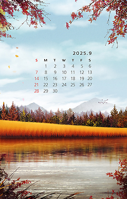 PSD 구름 단풍 일러스트 자연 단풍나무 산 갈대 풍경 사람없음 강 반사 달력 가을 9월 2025년 을사년 국내일러스트 자연요소 나무 식물 계절 잎 날짜 연도 생태계 파일형식