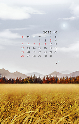 PSD 구름 단풍 일러스트 자연 조류 단풍나무 산 풍경 사람없음 농사 달력 벼 쌀 가을 농촌 시골 10월 2025년 을사년 국내일러스트 자연요소 나무 동물 계절 잎 농업 곡류 날짜 연도 생태계 파일형식