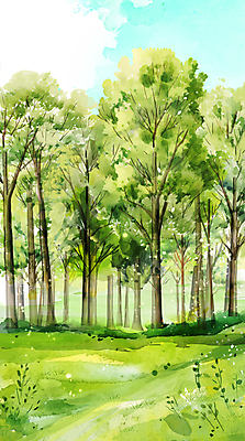 PSD 나무 구름 일러스트 수채화 사람없음 초록색 숲 울창 국내일러스트 자연요소 식물 컬러 자연 파일형식