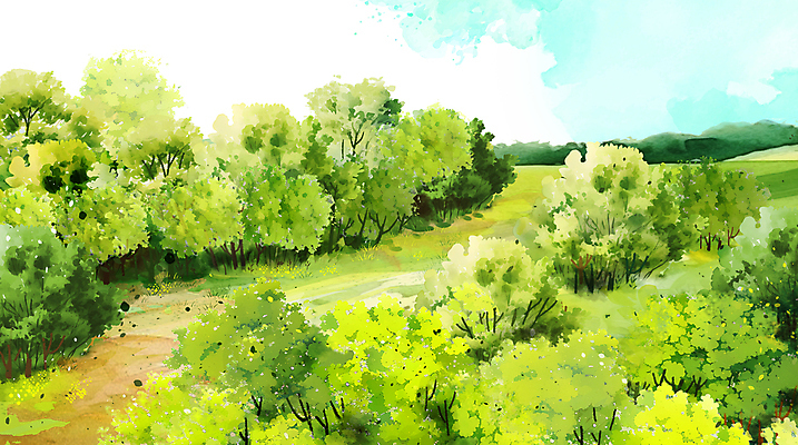 PSD 나무 구름 일러스트 수채화 사람없음 초록색 숲 숲길 울창 국내일러스트 자연요소 식물 길 컬러 자연 파일형식