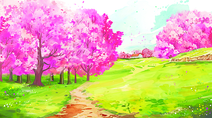 PSD 구름 분홍색 일러스트 수채화 주택 사람없음 초록색 봄 벚꽃 벚나무 국내일러스트 자연요소 나무 계절 꽃 컬러 건물 파일형식