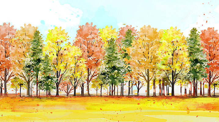 PSD 나무 구름 일러스트 단풍나무 수채화 사람없음 노란색 가을 숲 국내일러스트 자연요소 식물 계절 컬러 단풍 파일형식