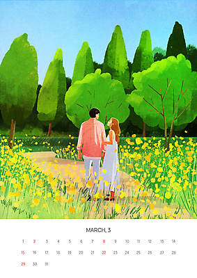 전신 PSD 나무 커플 여자 남자 일러스트 성인 두명 초록색 마주보기 걷기 팔짱 봄 달력 3월 유채 연애 성인만 2025년 2027년 국내일러스트 식물 계절 꽃 컬러 관계 모션 사람 날짜 연도 파일형식