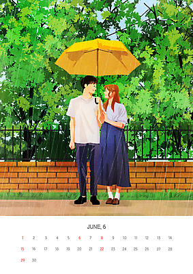 전신 PSD 커플 여자 남자 일러스트 우산 들기 성인 두명 초록색 여름 담장 마주보기 달력 비 6월 연애 성인만 2025년 2030년 국내일러스트 자연요소 계절 컬러 관계 모션 날씨 사람 날짜 연도 파일형식
