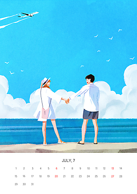 전신 PSD 구름 커플 여자 남자 바다 일러스트 비행기 성인 두명 여름 파란색 마주보기 걷기 손잡기 달력 연애 7월 성인만 2025년 국내일러스트 자연요소 계절 컬러 관계 항공교통 모션 대중교통 사람 날짜 연도 파일형식