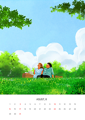 PSD 커플 여자 남자 일러스트 하늘 앉기 잔디 상반신 성인 두명 초록색 여름 파란색 올려보기 달력 연애 8월 성인만 2025년 국내일러스트 식물 계절 컬러 관계 모션 사람 날짜 연도 파일형식
