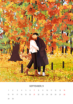 전신 PSD 커플 여자 남자 단풍 일러스트 포옹 키스 성인 두명 주황색 달력 가을 9월 연애 성인만 2025년 국내일러스트 계절 컬러 잎 관계 안기 사람 날짜 연도 애정표현 파일형식