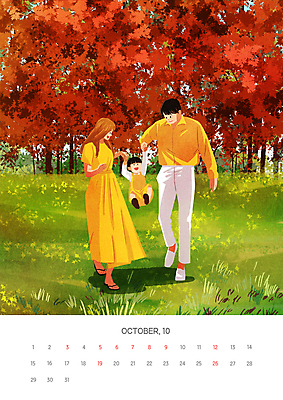 전신 PSD 여자 남자 어린이 단풍 일러스트 가족 소년 성인 빨간색 세명 초록색 손잡기 달력 가을 10월 들어올리기 2025년 국내일러스트 계절 컬러 잎 관계 모션 사람 날짜 연도 파일형식