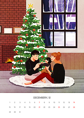 전신 PSD 여자 남자 어린이 크리스마스 겨울 일러스트 창문 가족 앉기 소년 성인 세명 크리스마스트리 마주보기 손잡기 달력 눈 12월 2025년 국내일러스트 자연요소 계절 기념일 관계 모션 날씨 사람 날짜 연도 파일형식