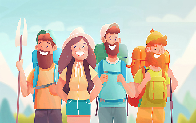 JPG 모자 여자 남자 행복 일러스트 자연 산 웃음 풍경 여러명 성인 취미 컬러풀 우정 등산 하이킹 그룹 등산객 백팩 등산가방 등산스틱 성인만 국내일러스트 AI일러스트 AI콘텐츠 잡화 감정 컬러 다수 가방 레저 표정 사람 친구 트래킹 생태계 등산용품 파일형식
