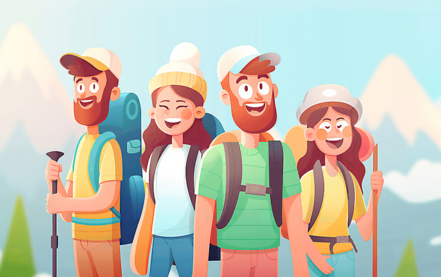 JPG 모자 여자 남자 행복 일러스트 자연 산 웃음 풍경 여러명 성인 취미 컬러풀 우정 등산 하이킹 그룹 등산객 등산가방 등산스틱 성인만 국내일러스트 AI일러스트 AI콘텐츠 잡화 감정 컬러 다수 가방 레저 표정 사람 친구 트래킹 생태계 등산용품 파일형식