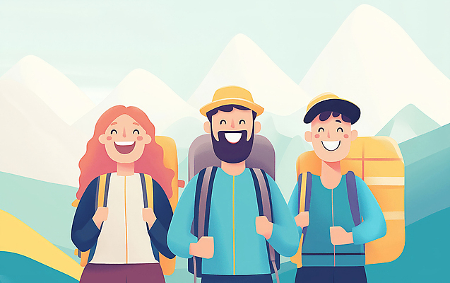 JPG 모자 여자 남자 행복 일러스트 자연 산 웃음 풍경 성인 취미 세명 컬러풀 우정 등산 하이킹 그룹 등산객 등산가방 성인만 국내일러스트 AI일러스트 AI콘텐츠 잡화 감정 컬러 가방 레저 표정 사람 친구 트래킹 생태계 파일형식