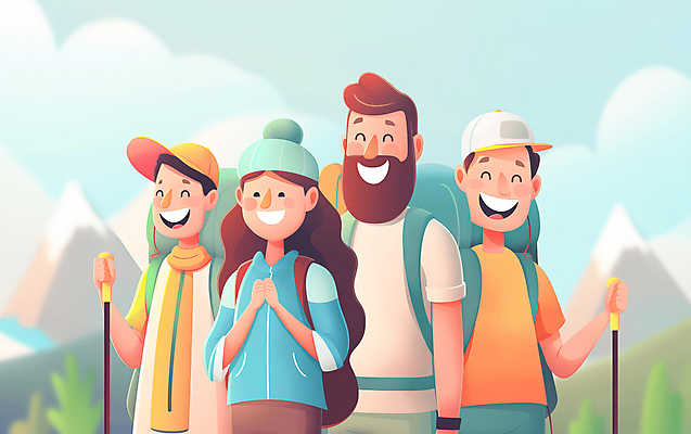 JPG 모자 여자 남자 행복 일러스트 자연 산 웃음 풍경 여러명 성인 취미 컬러풀 우정 등산 하이킹 그룹 등산객 등산가방 등산스틱 성인만 국내일러스트 AI일러스트 AI콘텐츠 잡화 감정 컬러 다수 가방 레저 표정 사람 친구 트래킹 생태계 등산용품 파일형식
