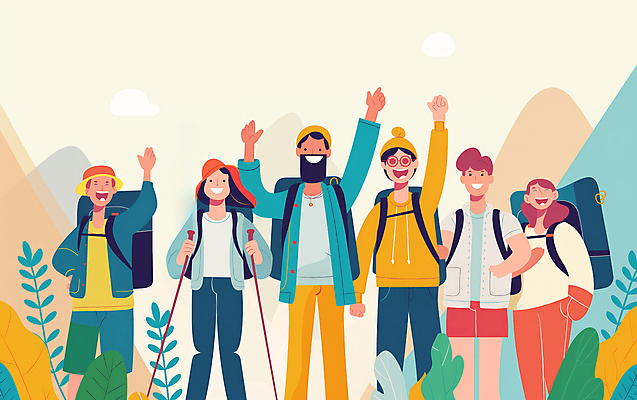 JPG 모자 여자 남자 행복 일러스트 자연 산 웃음 풍경 여러명 성인 취미 컬러풀 손들기 우정 등산 만세 하이킹 그룹 등산객 등산가방 등산스틱 성인만 국내일러스트 AI일러스트 AI콘텐츠 잡화 감정 컬러 다수 가방 모션 레저 표정 사람 친구 트래킹 생태계 등산용품 파일형식