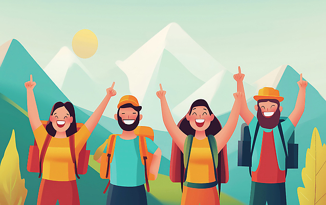 JPG 모자 여자 남자 행복 일러스트 자연 산 웃음 풍경 여러명 성인 취미 컬러풀 손들기 우정 등산 만세 하이킹 가리킴 그룹 등산객 등산가방 성인만 국내일러스트 AI일러스트 AI콘텐츠 잡화 감정 컬러 다수 가방 모션 레저 표정 사람 손짓 친구 트래킹 생태계 파일형식