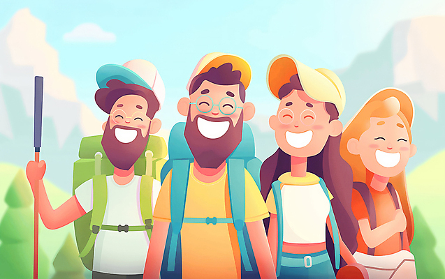 JPG 모자 여자 남자 행복 일러스트 자연 산 웃음 풍경 여러명 성인 취미 컬러풀 우정 등산 하이킹 그룹 등산객 등산가방 등산스틱 성인만 국내일러스트 AI일러스트 AI콘텐츠 잡화 감정 컬러 다수 가방 레저 표정 사람 친구 트래킹 생태계 등산용품 파일형식