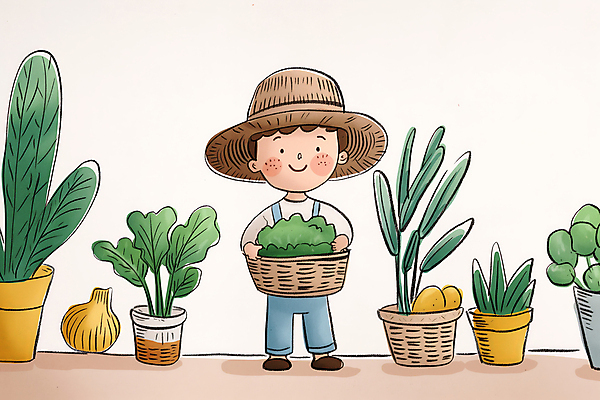 JPG 전신 남자 어린이 농업 채소 일러스트 한명 웃음 들기 소년 초록색 바구니 유기농 소년한명만 국내일러스트 AI일러스트 AI콘텐츠 1 웰빙 산업 컬러 모션 표정 사람 남자한명만 소년만 파일형식