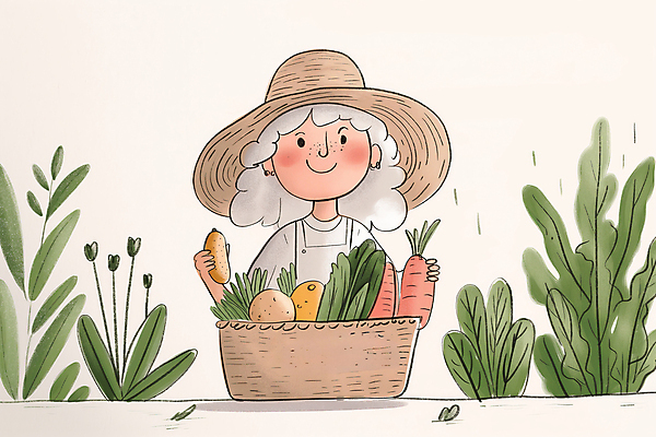 JPG 여자 노년 할머니 농업 채소 일러스트 한명 웃음 들기 초록색 바구니 유기농 노인여자한명만 국내일러스트 AI일러스트 AI콘텐츠 1 웰빙 산업 컬러 모션 표정 사람 성인 여자한명만 노인여자만 파일형식