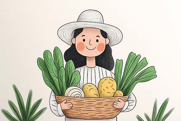 JPG 여자 농업 채소 일러스트 한명 웃음 들기 성인 초록색 바구니 유기농 성인여자한명만 국내일러스트 AI일러스트 AI콘텐츠 1 웰빙 산업 컬러 모션 표정 사람 여자한명만 성인여자만 파일형식