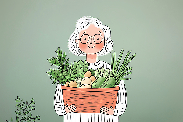 JPG 여자 노년 안경 할머니 농업 채소 일러스트 한명 웃음 들기 초록색 바구니 유기농 노인여자한명만 국내일러스트 AI일러스트 AI콘텐츠 1 웰빙 잡화 산업 컬러 모션 표정 사람 성인 여자한명만 노인여자만 파일형식