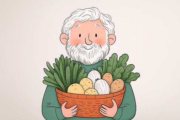 JPG 할아버지 노년 남자 농업 채소 일러스트 수염 한명 웃음 들기 초록색 바구니 유기농 노인남자한명만 국내일러스트 AI일러스트 AI콘텐츠 1 웰빙 산업 컬러 모션 표정 사람 성인 남자한명만 노인남자만 파일형식
