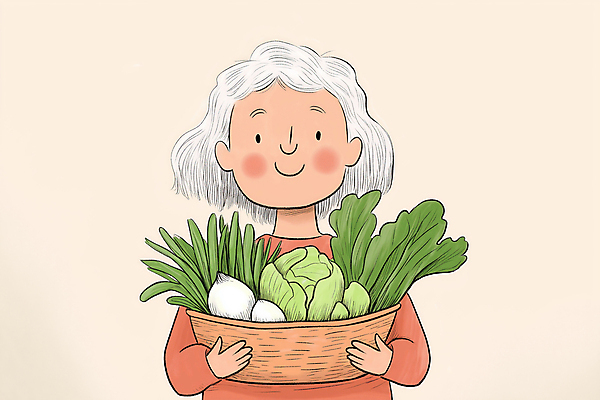 JPG 여자 노년 할머니 농업 채소 일러스트 한명 웃음 들기 초록색 바구니 유기농 노인여자한명만 국내일러스트 AI일러스트 AI콘텐츠 1 웰빙 산업 컬러 모션 표정 사람 성인 여자한명만 노인여자만 파일형식