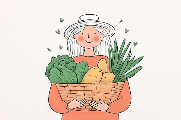 JPG 여자 노년 할머니 농업 채소 일러스트 한명 웃음 들기 초록색 바구니 유기농 노인여자한명만 국내일러스트 AI일러스트 AI콘텐츠 1 웰빙 산업 컬러 모션 표정 사람 성인 여자한명만 노인여자만 파일형식