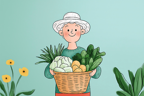 JPG 할아버지 노년 남자 농업 채소 일러스트 한명 웃음 들기 초록색 바구니 유기농 노인남자한명만 국내일러스트 AI일러스트 AI콘텐츠 1 웰빙 산업 컬러 모션 표정 사람 성인 남자한명만 노인남자만 파일형식