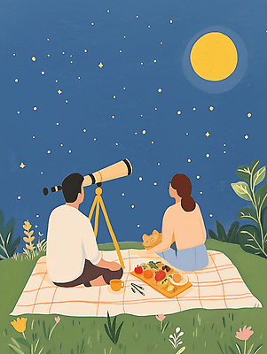 JPG 커플 여자 남자 행복 여행 데이트 일러스트 자연 밤하늘 사랑 풍경 초원 성인 두명 파란색 소풍 망원경 달 야간 돗자리 성인만 국내일러스트 AI일러스트 AI콘텐츠 자연요소 감정 컬러 관계 하늘 사람 야외활동 생태계 파일형식