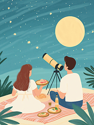 JPG 커플 여자 남자 행복 여행 데이트 일러스트 자연 밤하늘 사랑 풍경 초원 성인 두명 파란색 소풍 망원경 달 야간 돗자리 성인만 국내일러스트 AI일러스트 AI콘텐츠 자연요소 감정 컬러 관계 하늘 사람 야외활동 생태계 파일형식