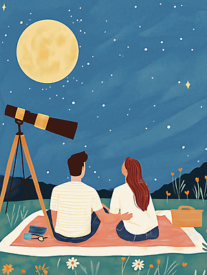 JPG 커플 여자 남자 행복 여행 데이트 일러스트 자연 밤하늘 사랑 풍경 초원 성인 두명 파란색 소풍 망원경 달 야간 돗자리 성인만 국내일러스트 AI일러스트 AI콘텐츠 자연요소 감정 컬러 관계 하늘 사람 야외활동 생태계 파일형식
