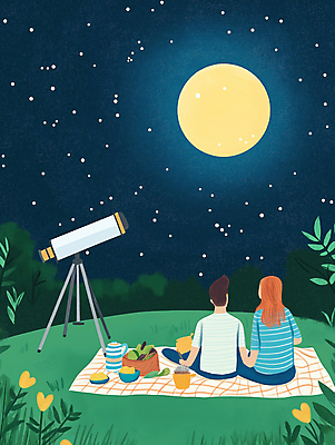 JPG 커플 여자 남자 행복 별 여행 데이트 일러스트 자연 밤하늘 사랑 풍경 초원 성인 두명 파란색 소풍 망원경 달 야간 돗자리 성인만 국내일러스트 AI일러스트 AI콘텐츠 자연요소 감정 컬러 관계 하늘 사람 야외활동 생태계 파일형식