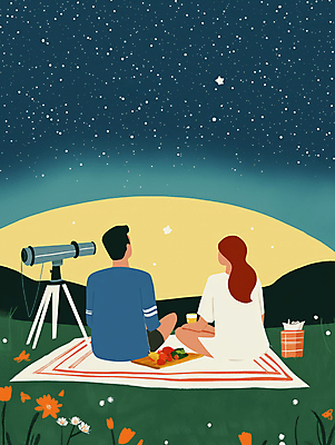 JPG 커플 여자 남자 행복 여행 데이트 일러스트 자연 밤하늘 사랑 풍경 초원 성인 두명 파란색 소풍 망원경 달 야간 돗자리 성인만 국내일러스트 AI일러스트 AI콘텐츠 자연요소 감정 컬러 관계 하늘 사람 야외활동 생태계 파일형식