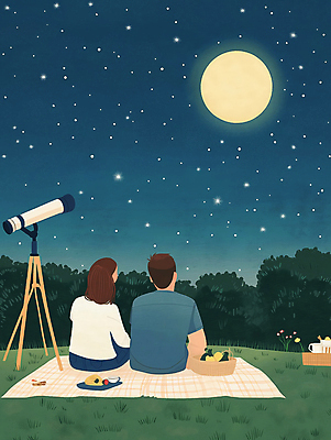 JPG 커플 여자 남자 행복 별 여행 데이트 일러스트 자연 밤하늘 사랑 풍경 초원 성인 두명 파란색 소풍 망원경 달 야간 돗자리 성인만 국내일러스트 AI일러스트 AI콘텐츠 자연요소 감정 컬러 관계 하늘 사람 야외활동 생태계 파일형식
