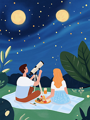 JPG 커플 여자 남자 행복 여행 데이트 일러스트 자연 밤하늘 사랑 풍경 초원 성인 두명 파란색 소풍 망원경 달 야간 돗자리 성인만 국내일러스트 AI일러스트 AI콘텐츠 자연요소 감정 컬러 관계 하늘 사람 야외활동 생태계 파일형식