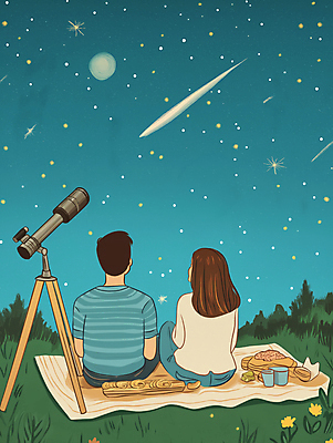 JPG 커플 여자 남자 행복 별 여행 데이트 일러스트 자연 밤하늘 사랑 풍경 초원 성인 두명 파란색 소풍 망원경 달 야간 유성 돗자리 성인만 국내일러스트 AI일러스트 AI콘텐츠 자연요소 감정 컬러 관계 하늘 사람 야외활동 생태계 파일형식