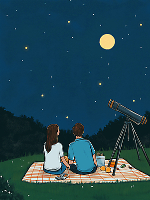 JPG 커플 여자 남자 행복 여행 데이트 일러스트 자연 밤하늘 사랑 풍경 초원 성인 두명 파란색 소풍 망원경 달 야간 돗자리 성인만 국내일러스트 AI일러스트 AI콘텐츠 자연요소 감정 컬러 관계 하늘 사람 야외활동 생태계 파일형식
