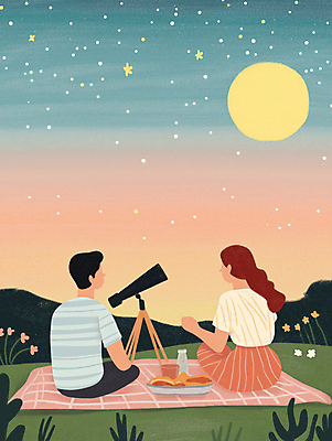 JPG 커플 여자 남자 데이트 일러스트 자연 밤하늘 사랑 풍경 성인 두명 파란색 소풍 망원경 행성 달 도시 야간 돗자리 광학 성인만 국내일러스트 AI일러스트 AI콘텐츠 자연요소 감정 컬러 관계 하늘 사람 야외활동 우주 생태계 파일형식