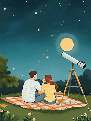 JPG 커플 여자 남자 행복 여행 데이트 일러스트 자연 밤하늘 사랑 풍경 초원 성인 두명 파란색 소풍 망원경 달 야간 돗자리 성인만 국내일러스트 AI일러스트 AI콘텐츠 자연요소 감정 컬러 관계 하늘 사람 야외활동 생태계 파일형식