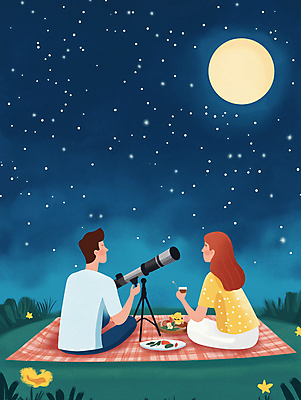 JPG 커플 여자 남자 행복 별 여행 데이트 일러스트 자연 밤하늘 사랑 풍경 초원 성인 두명 파란색 소풍 망원경 달 야간 돗자리 성인만 국내일러스트 AI일러스트 AI콘텐츠 자연요소 감정 컬러 관계 하늘 사람 야외활동 생태계 파일형식