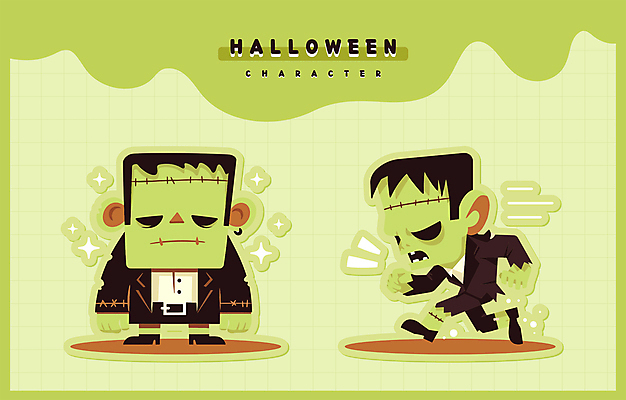 스티커 일러스트 사람없음 초록색 달리기 할로윈 가을 몬스터 프랑켄슈타인 호러 흉터 일러캐릭터 AI파일 캐릭터 계절 컬러 모션 상처 공포 파일형식 벡터